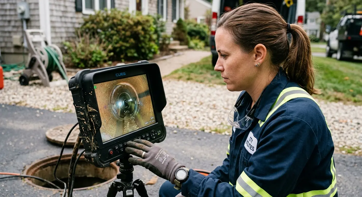 Technician reviewing sewer camera inspection footage in Rockland