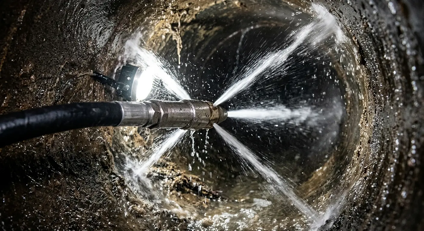 High-pressure hydro jetting nozzle cleaning sewer pipe for Trenchless Sewer Repair in Rockland