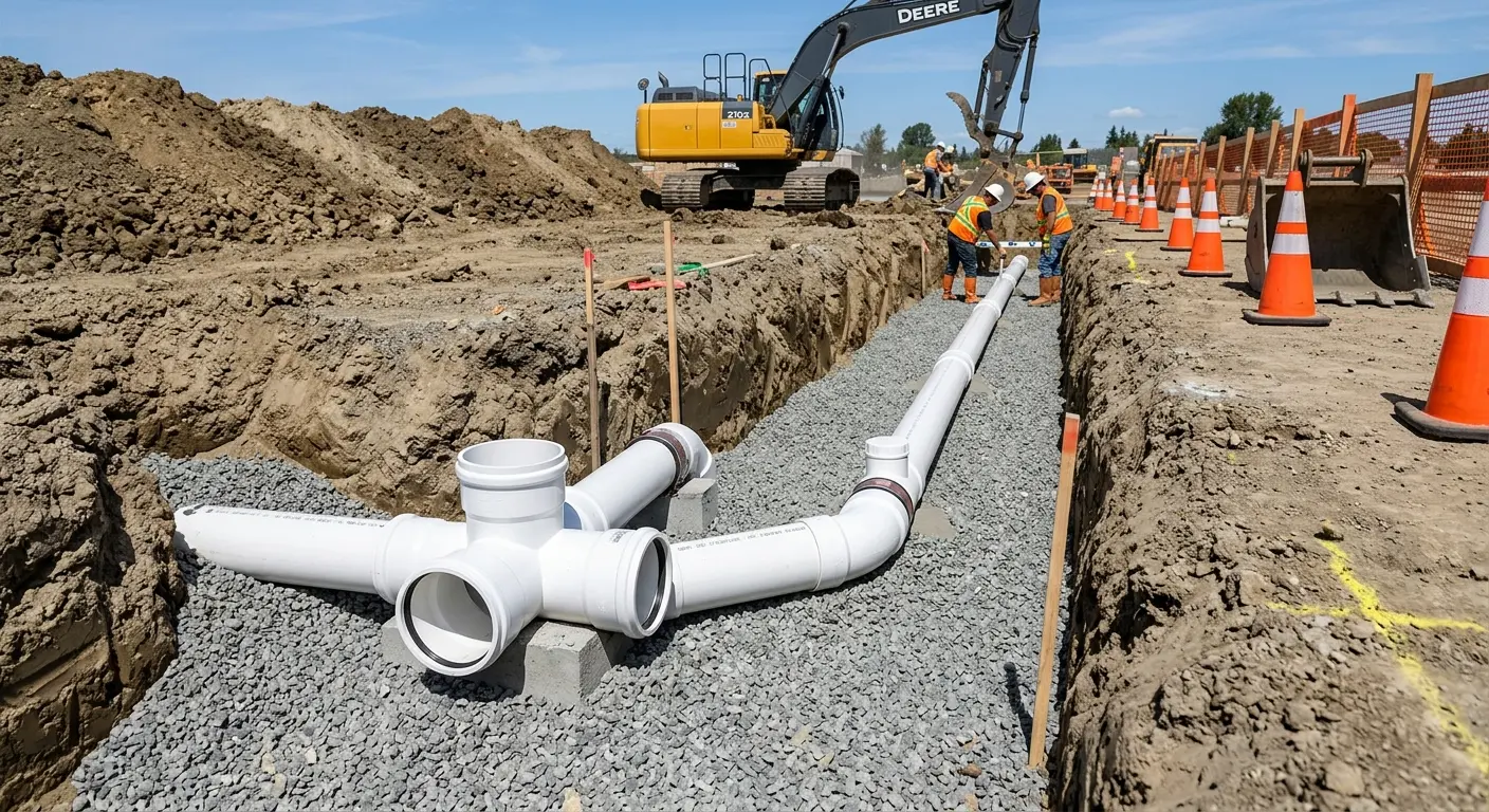 New PVC sewer pipe installation in open trench for Commercial Drain Cleaning in Rockland