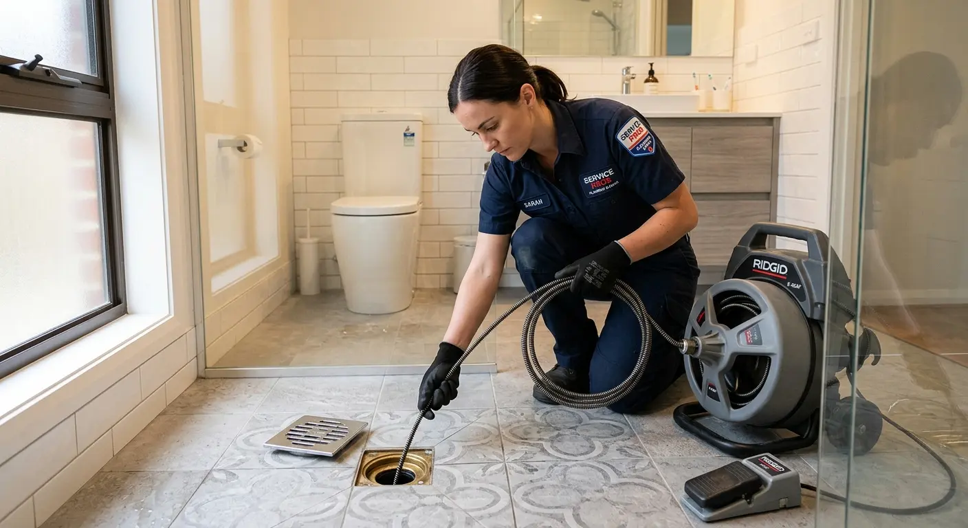 Technician clearing a bathroom floor drain for Drain Cleaning in Rockland